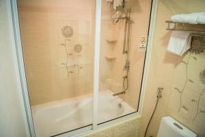 马累ZAN Lodge的带淋浴、浴缸和卫生间的浴室