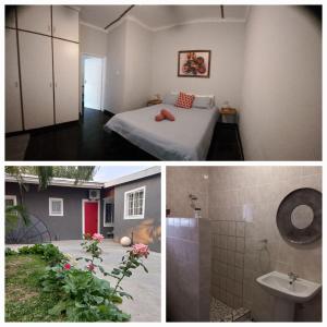 龙杜Urban Farm Haus B&B的卧室配有一张床和一间浴室的两张照片