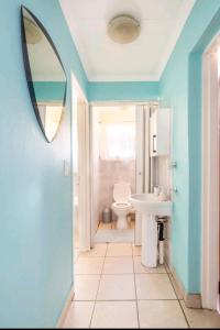 约翰内斯堡Lovely Linden Cottage with Solar Inverter的一间带卫生间、水槽和镜子的浴室