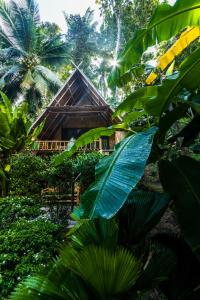 西塔努Bamboo Bay Island Resort的棕榈树丛林中的竹屋