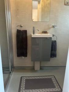 BallintoberDream Cottage的浴室设有水槽、镜子和地毯。