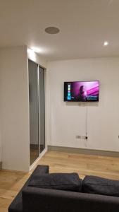 伦敦London Tottenham Stadium Apartment的客厅配有沙发和壁挂式平面电视。