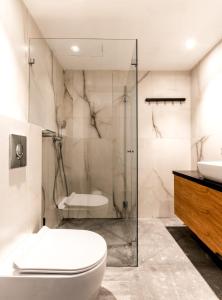 特拉维夫Jaffa Port TLV Hotel Apartments יפו תל אביב的带淋浴、卫生间和盥洗盆的浴室
