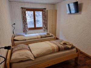 奥西耶尔Le Catogne的带窗户的客房内的两张床