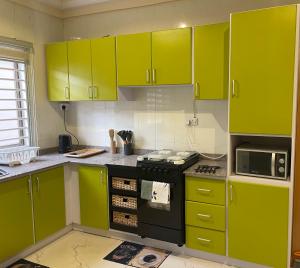 OgbojoEden Court Luxe的厨房配有石灰绿色橱柜和炉灶。