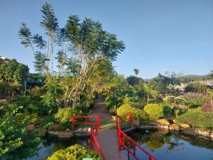 大叻K'Ho Cil Homestay Tà Nung的花园池塘上的红桥