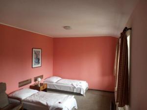 HronovPenzion Prajzko, Hronov的配有粉红色墙壁的客房内的两张床