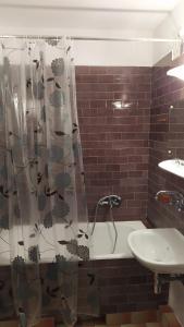 华沙Uroczy apartament z bezpłatnych parkingiem的浴室配有淋浴帘和盥洗盆。
