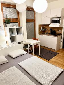 查科韦茨Mini Studio的厨房以及带白色橱柜和桌子的客厅。