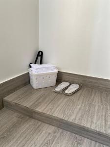 LuisiLuckysmallie_villa的房间里的一双拖鞋和一只手提箱