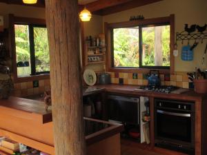CharlestonBeaconstone Eco Stay - off grid retreat的厨房配有炉灶和带窗户的柜台。