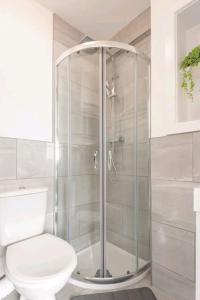 伯恩利Stylish & modern studio in Burnley的一间带卫生间和玻璃淋浴间的浴室