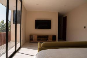 埃斯孔迪多港Casa Amelia Puerto Escondido的卧室配有沙发和电视。