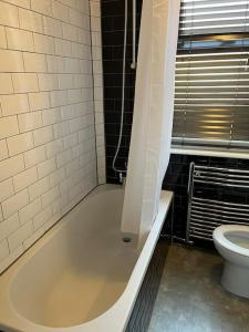 滨海绍森德Stylish, Modern & refurbished flat, 1.5m beach的带浴缸和卫生间的浴室。