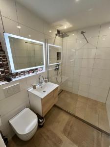 奥格斯堡Lilis Apartment mit Balkon的白色的浴室设有卫生间和水槽。