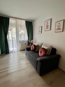 奥格斯堡Lilis Apartment mit Balkon的带沙发和绿色窗帘的客厅