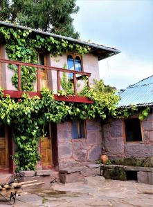 HuillanopampaBLUE SKY Lodge Taquile的旁边生长着藤蔓的房子