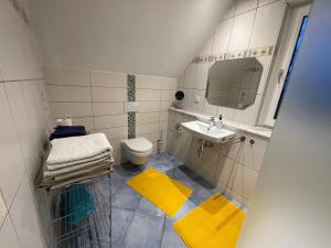 DallgowFerienhaus- Dallgow的一间带水槽、卫生间和镜子的浴室