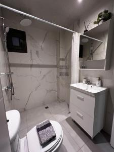 阿菲托斯Delight House's的浴室配有卫生间、盥洗盆和淋浴。