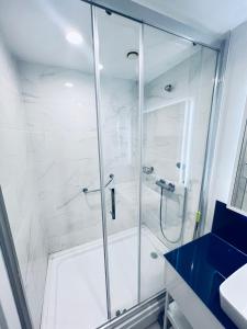 巴统Elegance Sea Views Apartments in Orbi City BATUMI的浴室里设有玻璃门淋浴