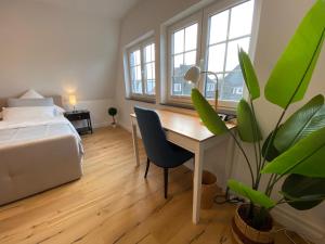 不莱梅Stadtoase: Exklusive Apartments für Ruhe und Entspannung的一间卧室配有书桌、床和植物