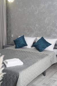 克拉约瓦24 Shades of Grey, apartament central, ceai, cafea, filtru apa rece-fierbinte, pat 160 cm cu saltea memory foam的一张带蓝色和白色枕头的床