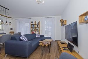 布雷格Ferienhaus Luna Haus - Terrasse, Garten, Sauna的客厅配有蓝色的沙发和电视