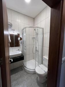 伊斯坦布尔Andi Hotel的带淋浴、卫生间和盥洗盆的浴室