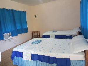 RomblonAglicay Beach Resort的配有蓝色窗帘的客房内的两张床