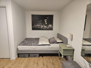 杜塞尔多夫Apartment Tanne的一间小卧室,配有一张床和一张桌子