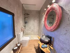 孔苏埃格拉Casa Entre Molinos的浴室设有卫生间和墙上的镜子。