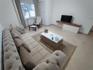 突尼斯Appartement Cozy aux Berges du Lac 1的客厅配有大沙发和桌子