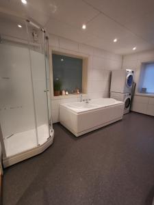 安德内斯Andenes Sentrum Apartment的一间带浴缸和淋浴的浴室以及一台冰箱