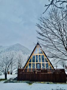 BroşteniAscape Kabin的一座三边形的建筑,雪中设有栅栏
