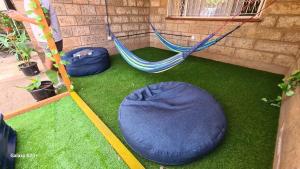 内罗毕Jabulani Nairobi Backpackers Hostel的两个蓝色豆袋和一个吊床(位于庭院)