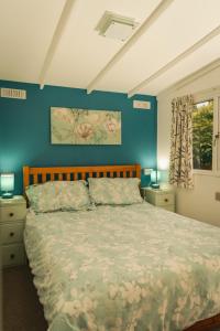 比尔斯韦尔斯Bunny Lodge 30 - Riverside的一间卧室设有一张床和蓝色的墙壁