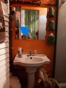 马埃堡L'Allamanda的一间带水槽和镜子的浴室