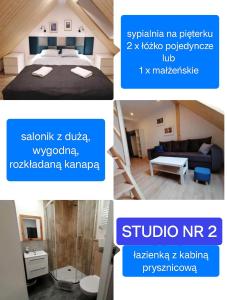 杜什尼基-兹德鲁伊Stara Kuźnia的卧室和客厅的照片拼合在一起
