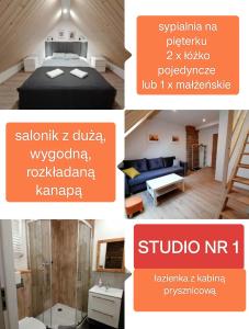 杜什尼基-兹德鲁伊Stara Kuźnia的卧室和客厅的照片拼合在一起