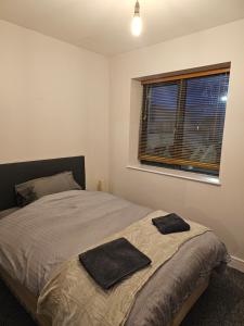 基尔肯尼Cozy 2 Bedroom Apartment的一间卧室配有一张床,上面有两条毛巾