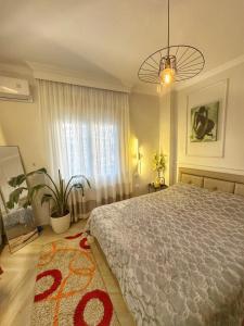 塞萨洛尼基Psimithefto Luxury Apartments的一间卧室设有一张大床和一个窗户。