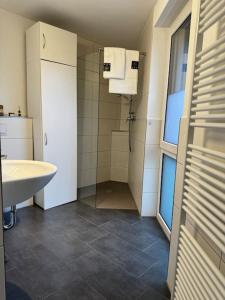 比勒费尔德Studio Apartment mit Stellplatz的一间带水槽、卫生间和淋浴的浴室