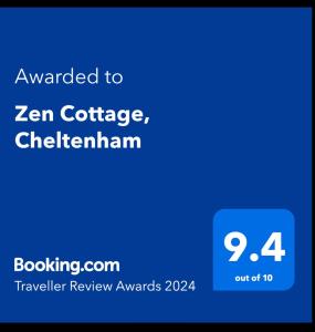 切尔滕纳姆Zen Cottage, Cheltenham的一部手机的屏幕,上面写着给禅宗小屋卡什哈姆的文本