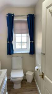 Kirby Mispertonmidsummer cottage的一间带卫生间的浴室和一个带蓝色窗帘的窗户。
