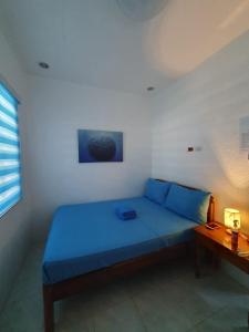 莫阿尔博阿Jah’s Anemone Dive Guesthouse的一张蓝色的床,位于带桌子的房间
