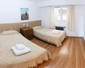 圣卡洛斯-德巴里洛切Departamento Vista Huapi的一间卧室设有两张床,铺有木地板