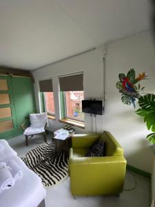 格罗宁根思迪因斯塔德酒店的客厅配有绿色椅子和沙发