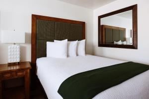 陶斯Taos Valley Lodge的一间卧室配有一张大床和镜子