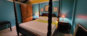 拿撒勒Tillett Gardens Guest House & Hostel的一间卧室设有四柱床和蓝色的墙壁。