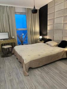 格丁尼亚Gdynia z widokiem的一间卧室设有一张大床和一个窗户。